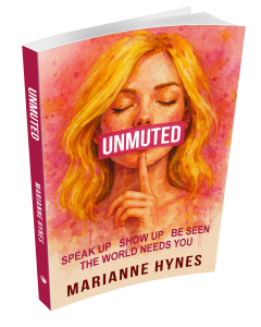 Book titled 'UNMUTED' standing upright against a neutral background, featuring an artistic cover art of a woman.